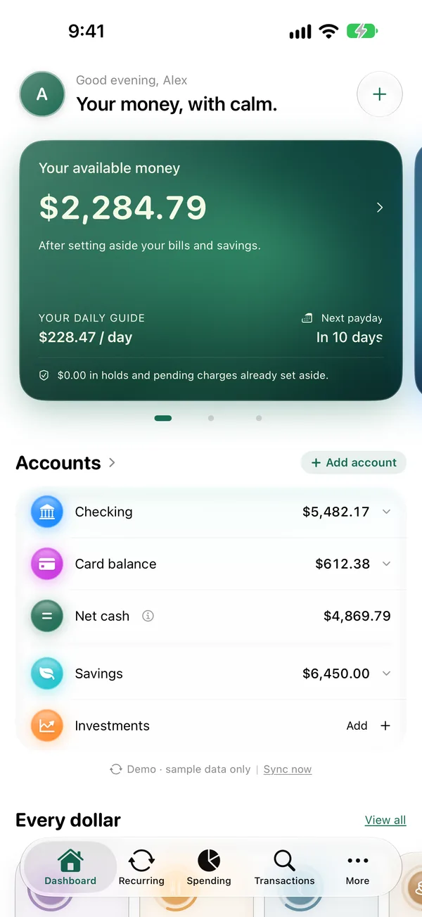 Inicio de MeQueda con dinero disponible y cuentas